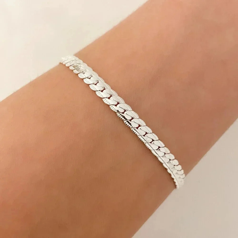 925 Sterling Silver Flat Snake Chain Bracelet Dainty Snakechain Link Bracelet 7"
